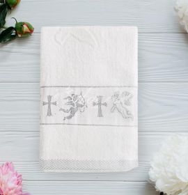 Махровое полотенце для крещения с вышивкой цвет белый
